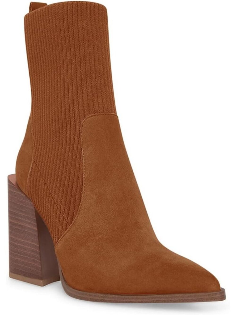 Women's Brown Chunky Stacked Heel Ankle Sock Boots Pointed Toe Booties Slip On